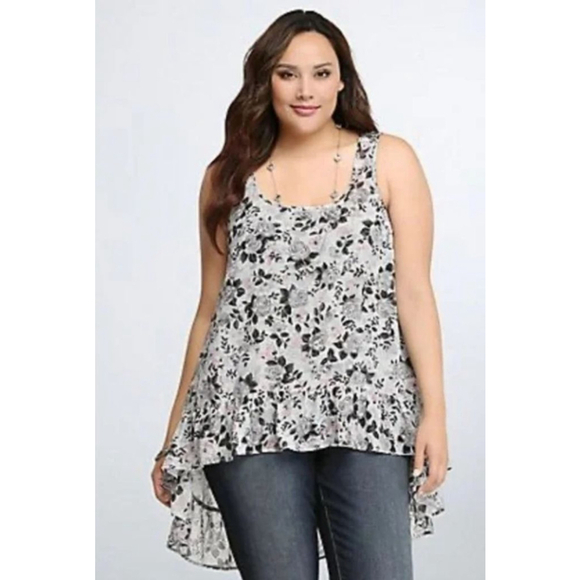 torrid Tops - Women's Torrid Plus 2X Gray Pink Floral Ruffle Hem Sleeveless High-Low Top